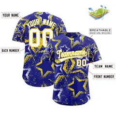 Royal Blue White Gold Graffiti Star Ink Baseball Jersey 2
