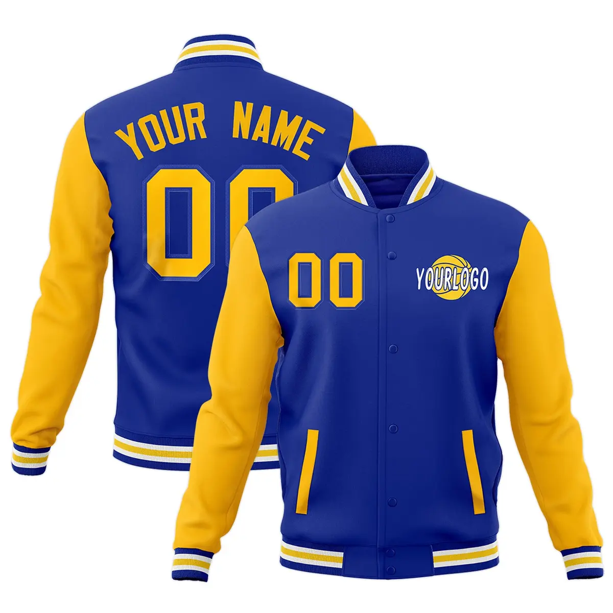 Royal Blue White Gold Raglan Sleeves Letterman Cotton Jacket