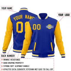 Royal Blue White Gold Raglan Sleeves Letterman Cotton Jacket 2