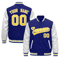 Royal Blue White Gold Raglan Varsity Full-Snap Leather Sleeves Letterman Jacket