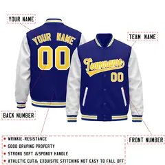 Royal Blue White Gold Raglan Varsity Full-Snap Leather Sleeves Letterman Jacket 3