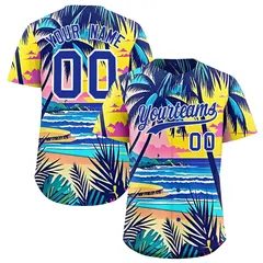 Royal Blue White Hawaiian Graffiti Palm Tree Baseball Jersey