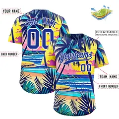 Royal Blue White Hawaiian Graffiti Palm Tree Baseball Jersey 2