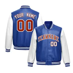 Royal Blue White Raglan Full-Snap Varsity Faux Leather Letterman Jacket