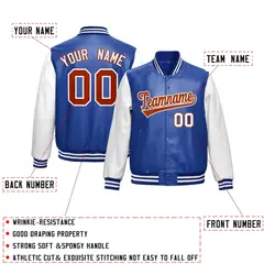 Royal Blue White Raglan Full-Snap Varsity Faux Leather Letterman Jacket 2