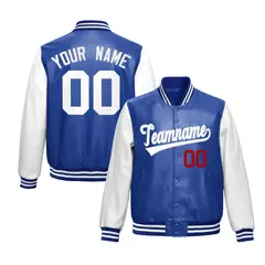 Royal Blue White Raglan Full-Snap Varsity Faux Leather Letterman Jacket 1