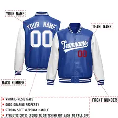 Royal Blue White Raglan Full-Snap Varsity Faux Leather Letterman Jacket 2