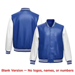 Royal Blue White Raglan Full-Snap Varsity Faux Leather Letterman Jacket 6