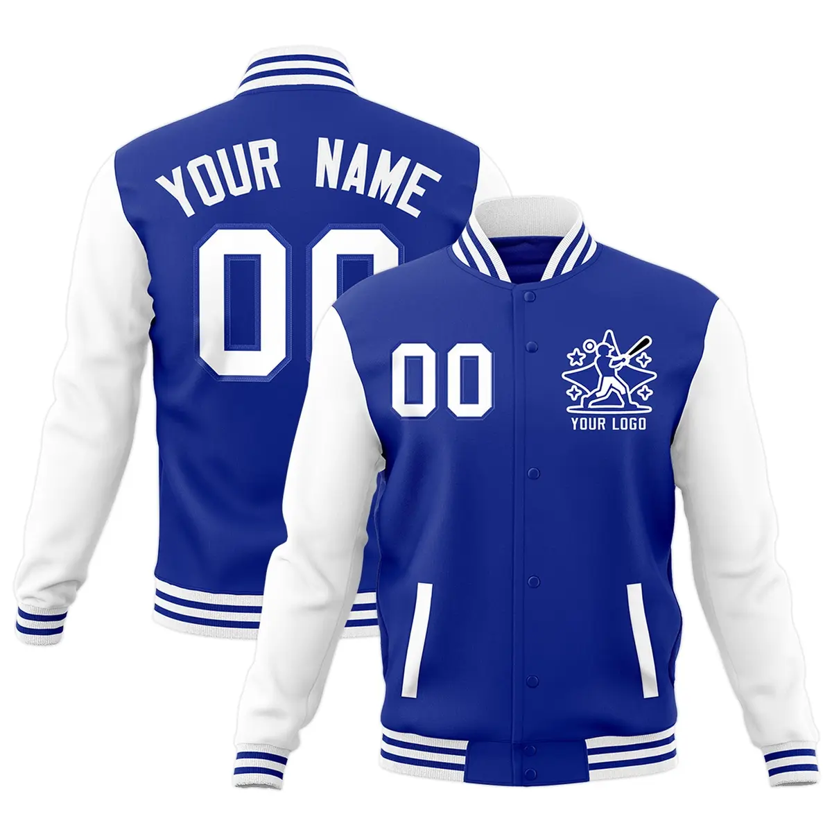 Royal Blue White Raglan Sleeves Full-Snap Letterman Cotton Jacket