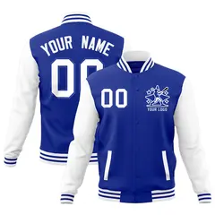 Royal Blue White Raglan Sleeves Full-Snap Letterman Cotton Jacket 1