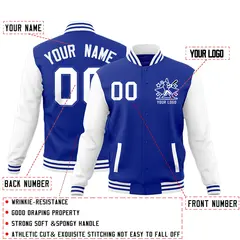 Royal Blue White Raglan Sleeves Full-Snap Letterman Cotton Jacket 2