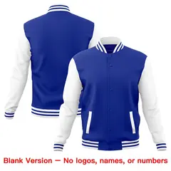 Royal Blue White Raglan Sleeves Full-Snap Letterman Cotton Jacket 6