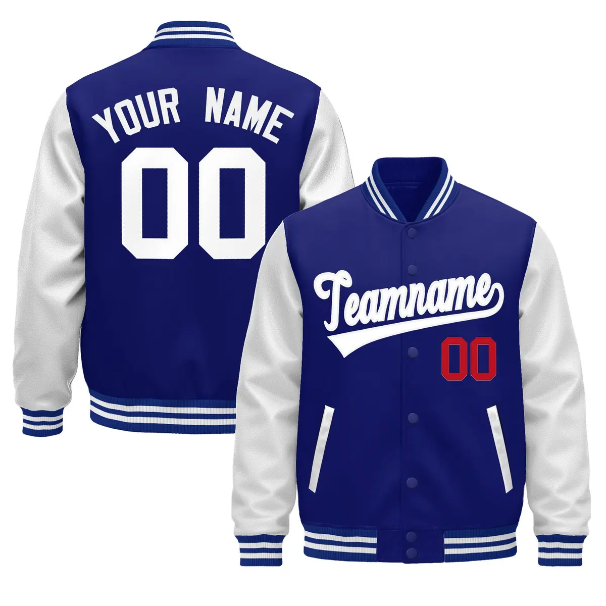 Royal Blue White Raglan Varsity Full-Snap Letterman Jacket