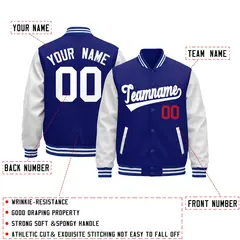 Royal Blue White Raglan Varsity Full-Snap Letterman Jacket 3