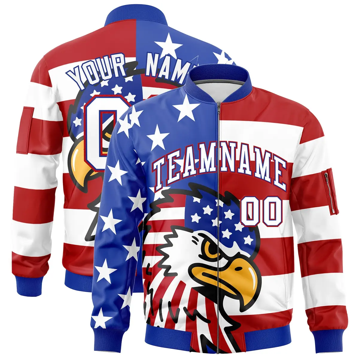 Royal Blue White Red American Flag Independence Day Full Zip Wrinkle-Resistant Jacket
