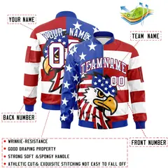 Royal Blue White Red American Flag Independence Day Full Zip Wrinkle-Resistant Jacket 2