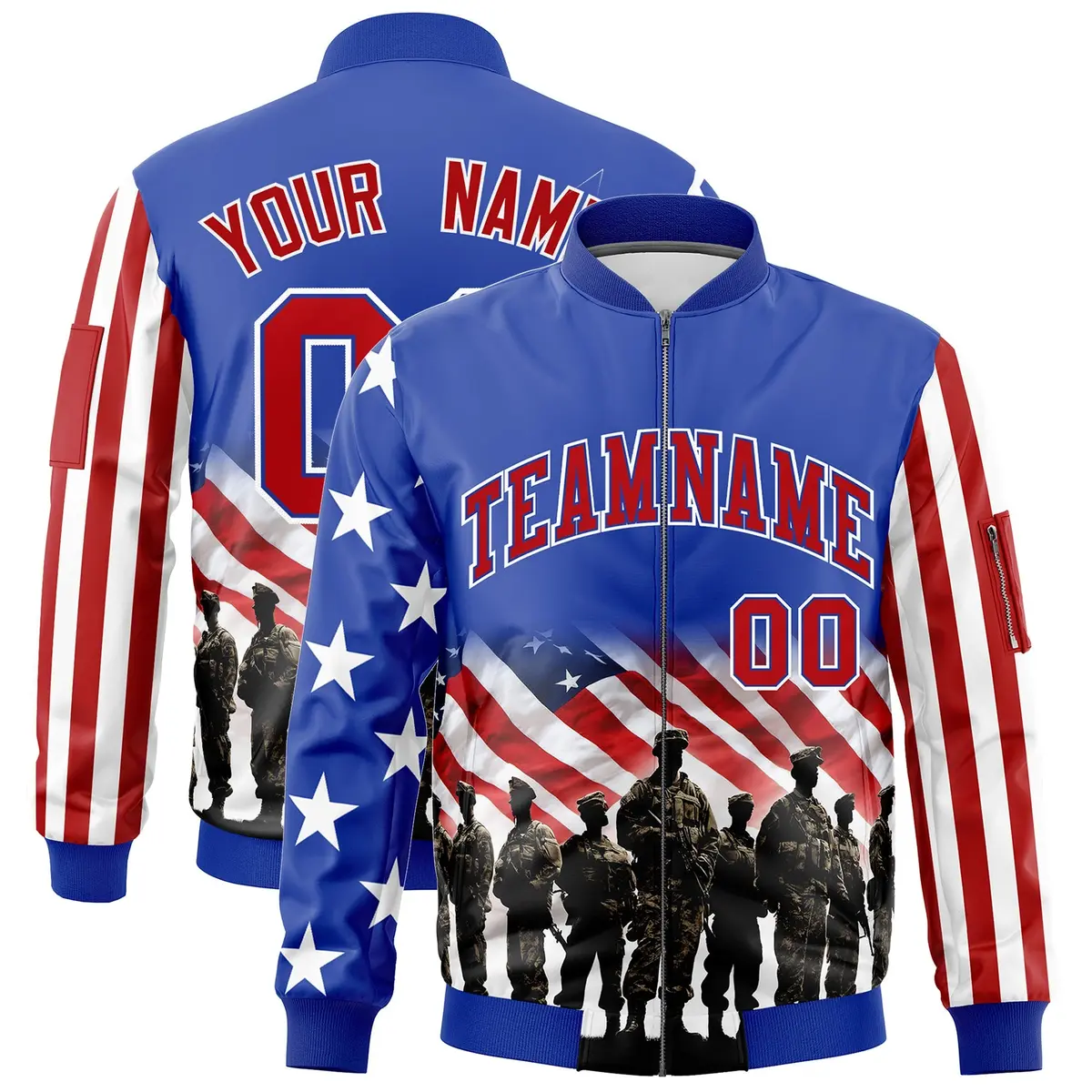 Royal Blue White Red American Flag Independence Day Full Zip Wrinkle-Resistant Jacket