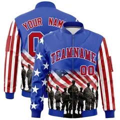 Royal Blue White Red American Flag Independence Day Full Zip Wrinkle-Resistant Jacket