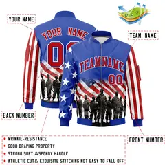Royal Blue White Red American Flag Independence Day Full Zip Wrinkle-Resistant Jacket 2