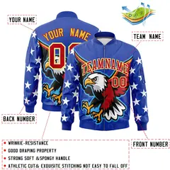 Royal Blue White Red American Flag Independence Day Full Zip Wrinkle-Resistant Jacket 2