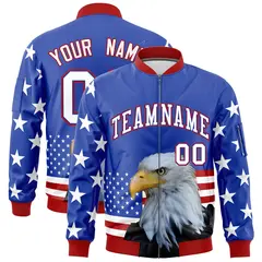Royal Blue White Red American Flag Independence Day Full Zip Wrinkle-Resistant Jacket