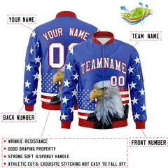 Royal Blue White Red American Flag Independence Day Full Zip Wrinkle-Resistant Jacket 2