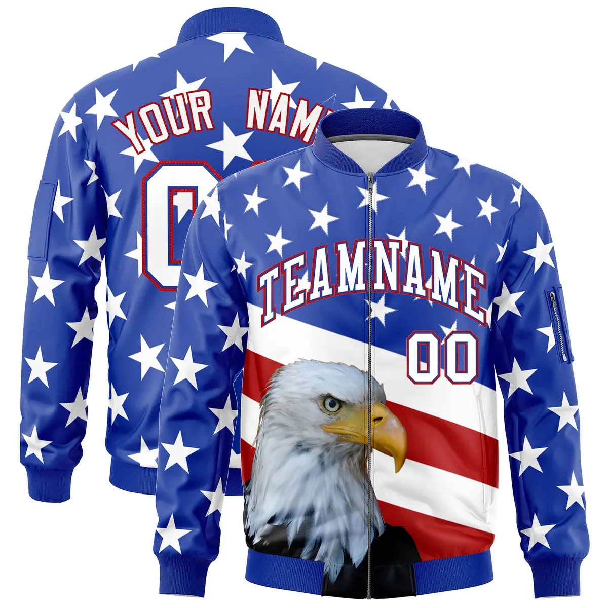 Royal Blue White Red American Flag Independence Day Full Zip Wrinkle-Resistant Jacket