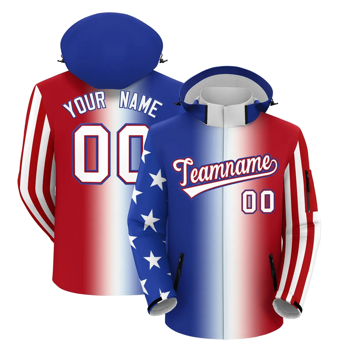 Royal Blue White Red American Flag Independence Day Waterproof Jacket