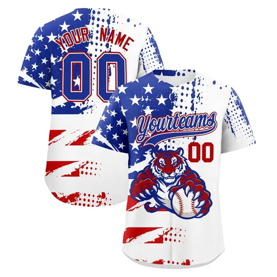 Royal Blue White Red Full-Snap Tiger Graffiti Baseball Jersey
