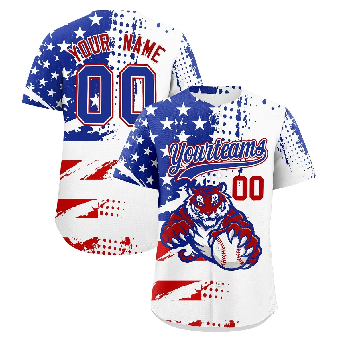 Royal Blue White Red Full-Snap Tiger Graffiti Baseball Jersey