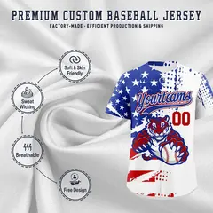 Royal Blue White Red Full-Snap Tiger Graffiti Baseball Jersey 3