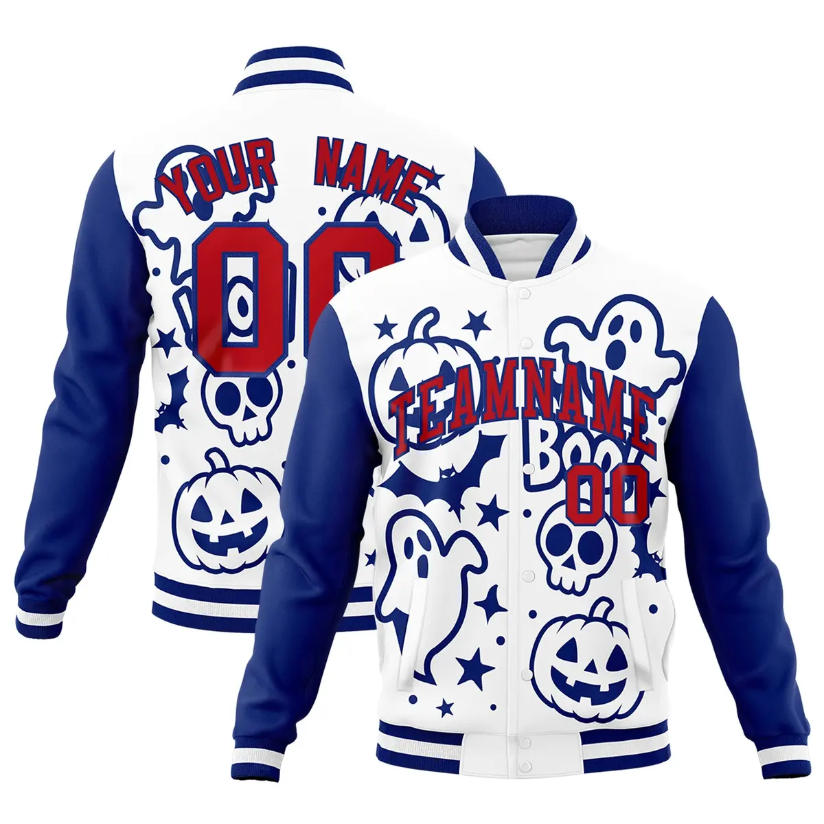 Royal Blue White Red Halloween Bats Pumpkins Ghost Letterman Jacket
