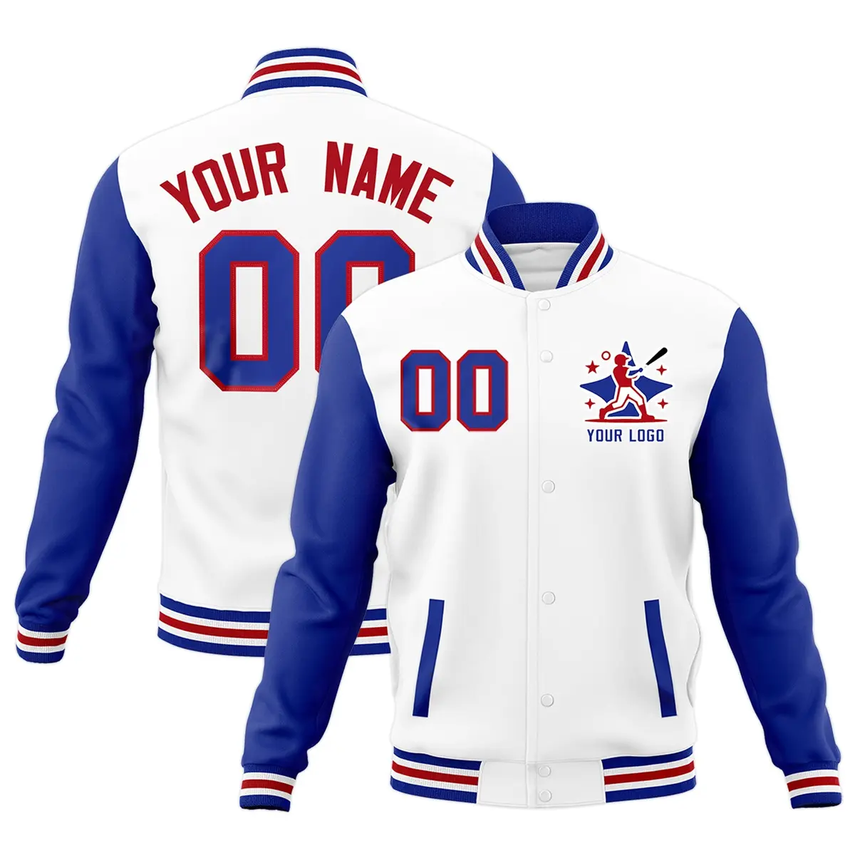 Royal Blue White Red Raglan Full-Snap Letterman Cotton Jacket