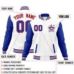 Royal Blue White Red Raglan Full-Snap Letterman Cotton Jacket 2