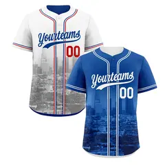 Royal Blue White Red Reversible City Graffiti Baseball Jersey