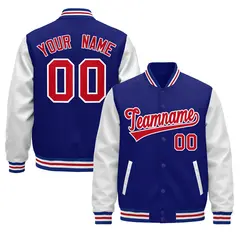Royal Blue White Red Varsity Full-Snap Letterman Jacket Raglan Leather Sleeves 1