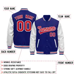 Royal Blue White Red Varsity Full-Snap Letterman Jacket Raglan Leather Sleeves 3