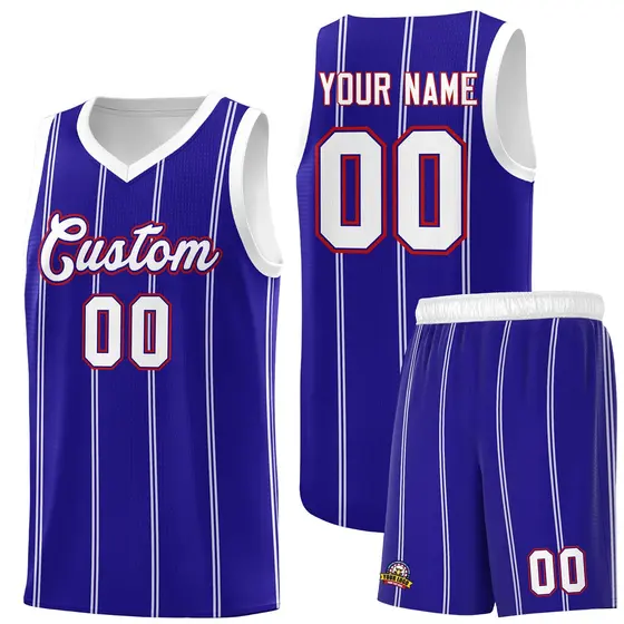 Royal Blue White Red Vertical Stripes Basketball Jersey Set