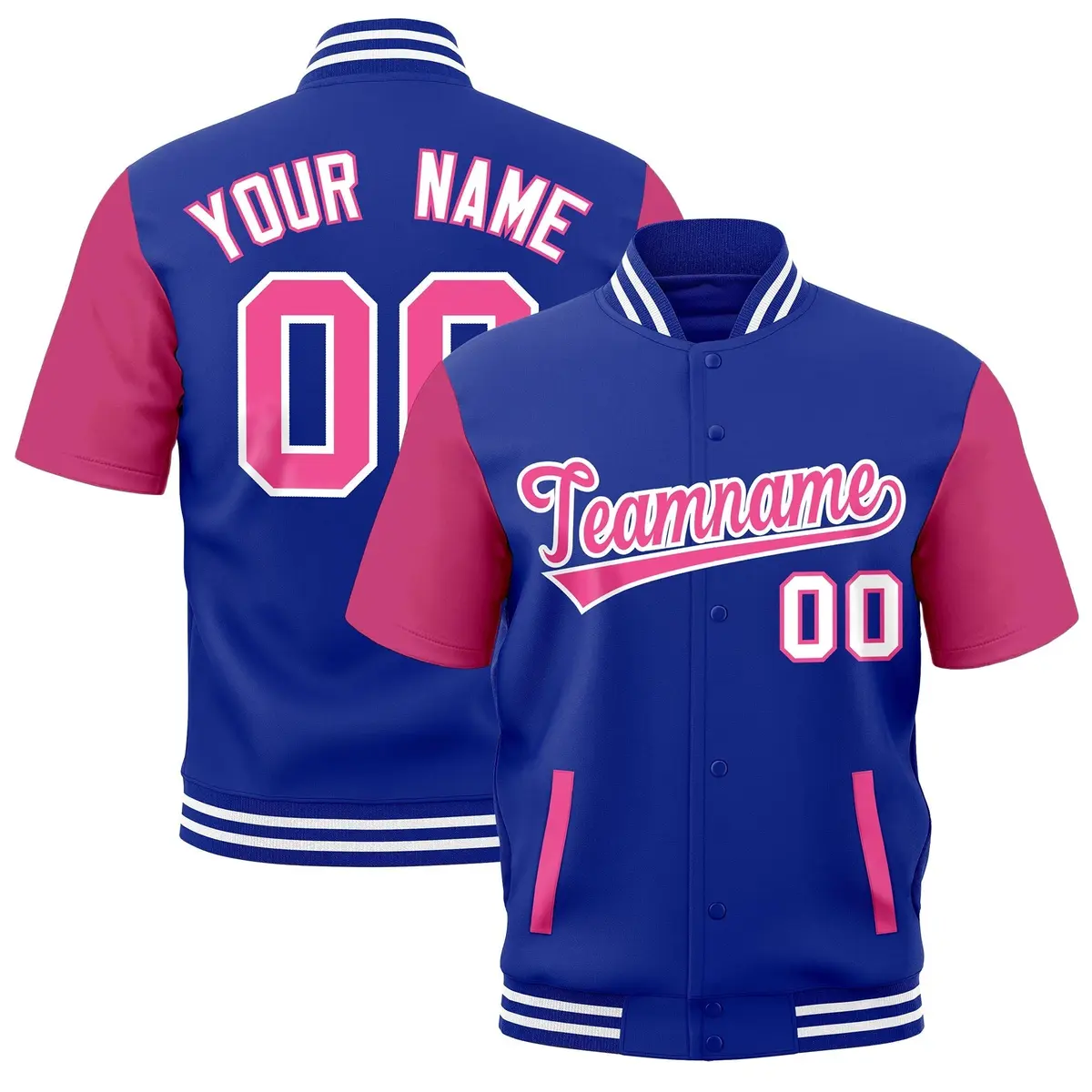 Royal Blue White Short Sleeve Full-Snap Varsity Jacket