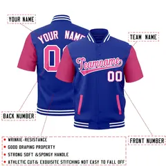 Royal Blue White Short Sleeve Full-Snap Varsity Jacket 2