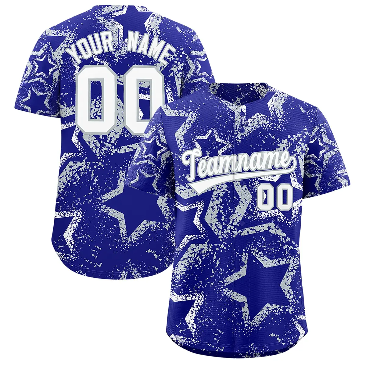 Royal Blue White Silver Graffiti Star Ink Baseball Jersey