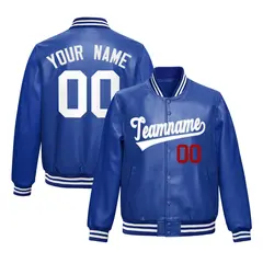 Royal Blue White Varsity Full-Snap Faux Leather Letterman Jacket