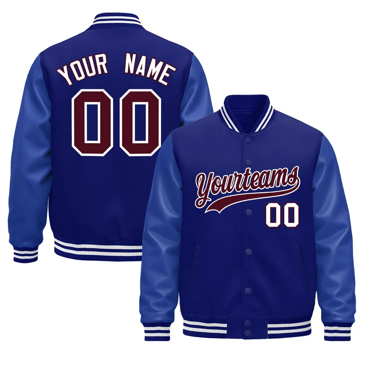 Royal Blue White Varsity Jacket Leather Sleeves Wrinkle-Resistant