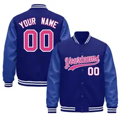 Royal Blue White Varsity Jacket Leather Sleeves Wrinkle-Resistant