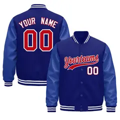Royal Blue White Varsity Jacket Leather Sleeves Wrinkle-Resistant
