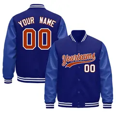 Royal Blue White Varsity Jacket Leather Sleeves Wrinkle-Resistant