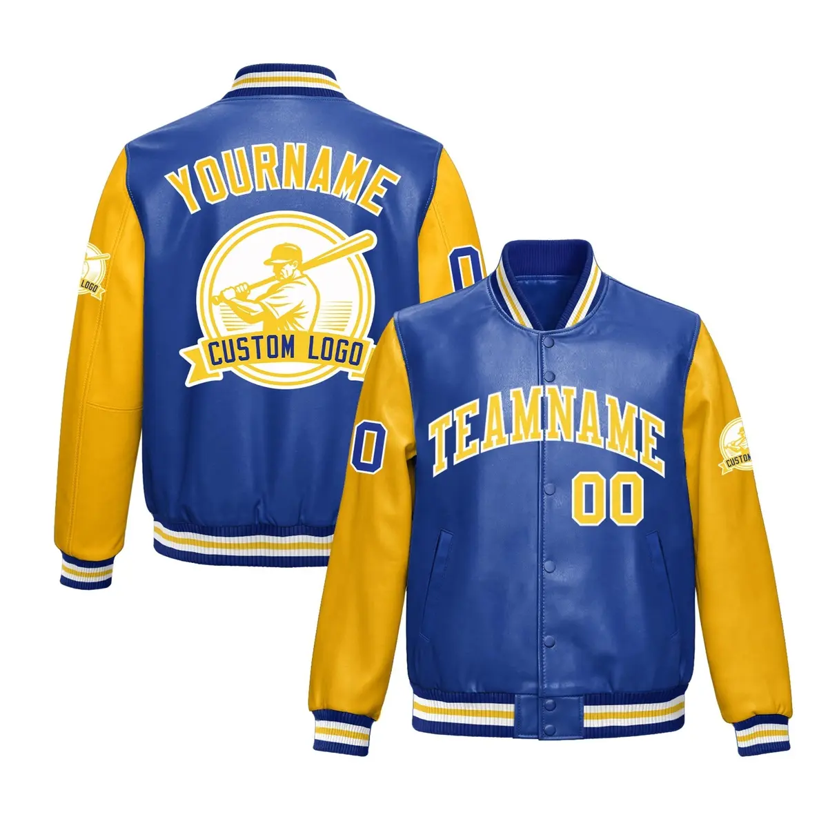 Royal Blue Yellow Faux Leather Letterman Jacket Raglan Full-Snap