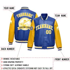 Royal Blue Yellow Faux Leather Letterman Jacket Raglan Full-Snap 2