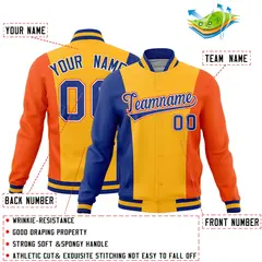 Royal Blue Yellow Orange Three-Color Block Varsity Letterman Jacket 2