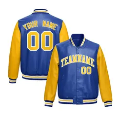Royal Blue Yellow Raglan Full-Snap Varsity Faux Leather Letterman Jacket
